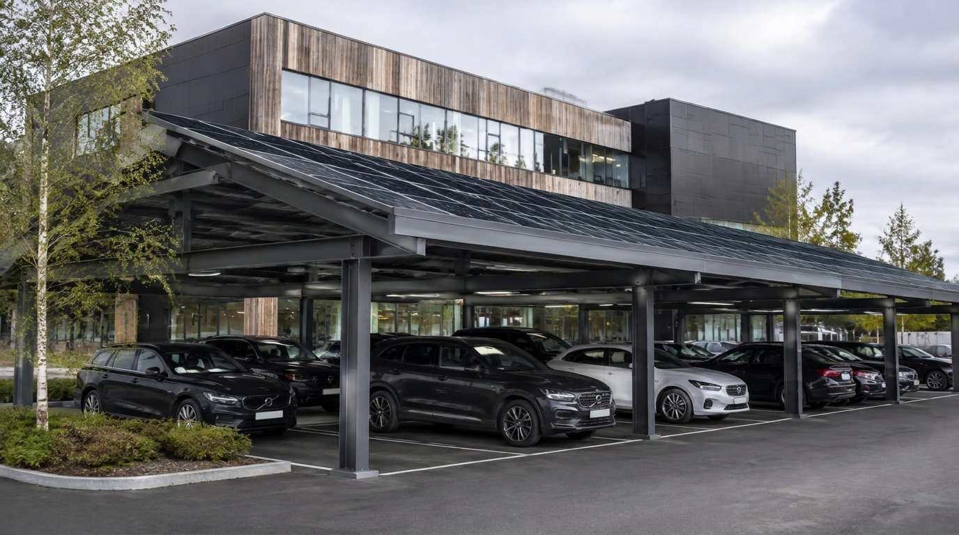 Solcellscarport över parkerade bilar